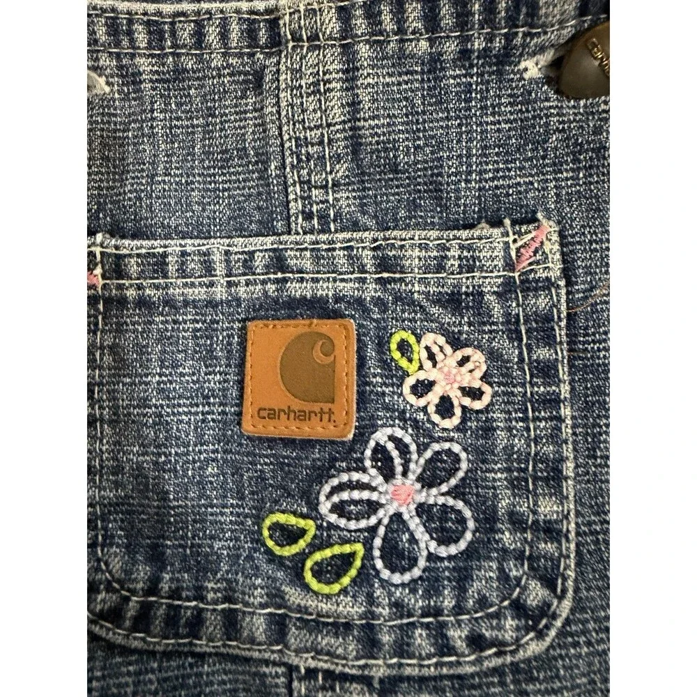 Carhartt Girls Floral Embroidered Denim Overalls Heart Buttons Size 18 Months